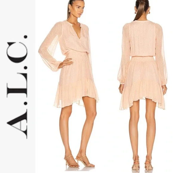 NWT A.L.C. Sidney Silk Dress in Pale Pink and Metallic Gold 0 - Picture 2 of 12